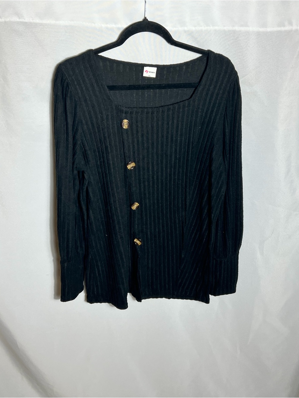 WISCOLL Black Ribbed Faux Button Front Top Gold Buttons Stretch Knit Blouse XL